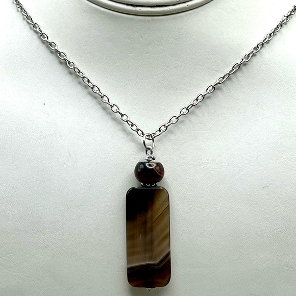 Handmade Jewelry - Banded Agate Pendant Necklace Silver Tone Chain Statement Jewelry Boho Chic